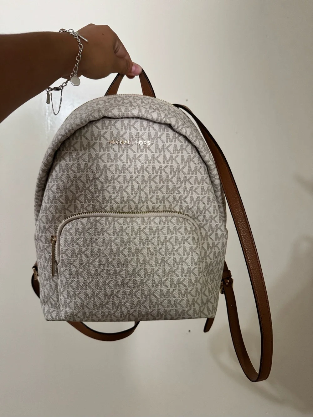 Michael Kors Cream and Brown Signature Logo Backpack